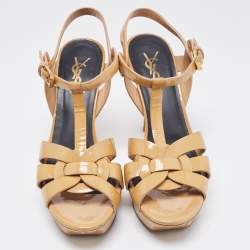 Pre Owned Saint Laurent Beige Patent Leather Tribute Platform Sandals Size 37.5