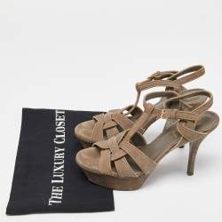 Pre Owned Saint Laurent Grey Textured Suede Tribute Ankle Strap Sandals Size 35.5