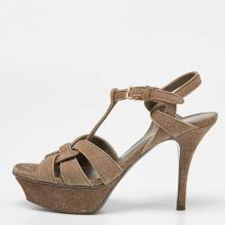 Pre Owned Saint Laurent Grey Textured Suede Tribute Ankle Strap Sandals Size 35.5