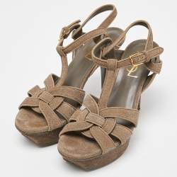 Pre Owned Saint Laurent Grey Textured Suede Tribute Ankle Strap Sandals Size 35.5