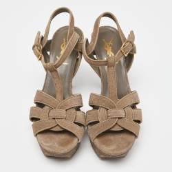 Pre Owned Saint Laurent Grey Textured Suede Tribute Ankle Strap Sandals Size 35.5