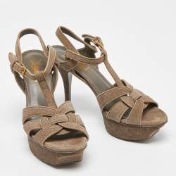 Pre Owned Saint Laurent Grey Textured Suede Tribute Ankle Strap Sandals Size 35.5