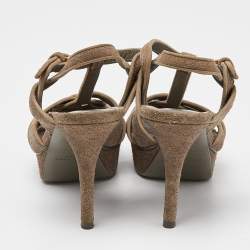 Pre Owned Saint Laurent Grey Textured Suede Tribute Ankle Strap Sandals Size 35.5