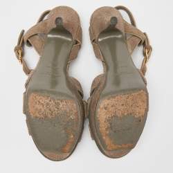 Pre Owned Saint Laurent Grey Textured Suede Tribute Ankle Strap Sandals Size 35.5