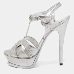 Pre Owned Saint Laurent Silver Textured Leather Tribute Sandals Size 37.5