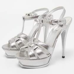 Pre Owned Saint Laurent Silver Textured Leather Tribute Sandals Size 37.5