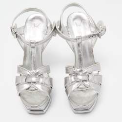 Pre Owned Saint Laurent Silver Textured Leather Tribute Sandals Size 37.5
