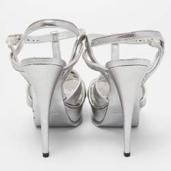 Pre Owned Saint Laurent Silver Textured Leather Tribute Sandals Size 37.5