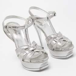 Pre Owned Saint Laurent Silver Textured Leather Tribute Sandals Size 37.5