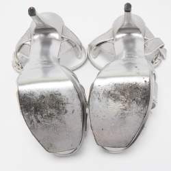 Pre Owned Saint Laurent Silver Textured Leather Tribute Sandals Size 37.5