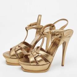 Pre Owned Saint Laurent Gold Leather Tribute Sandals Size 38