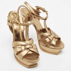 Pre Owned Saint Laurent Gold Leather Tribute Sandals Size 38