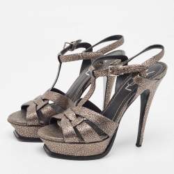 Pre Owned Saint Laurent Metallic Grey Laminated Suede Tribute Sandals Size 37