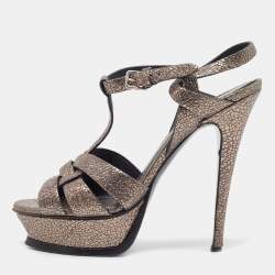 Pre Owned Saint Laurent Metallic Grey Laminated Suede Tribute Sandals Size 37