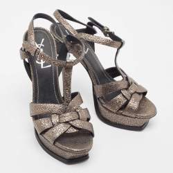 Pre Owned Saint Laurent Metallic Grey Laminated Suede Tribute Sandals Size 37