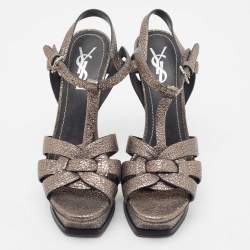 Pre Owned Saint Laurent Metallic Grey Laminated Suede Tribute Sandals Size 37