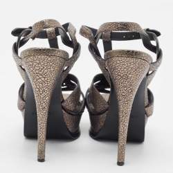 Pre Owned Saint Laurent Metallic Grey Laminated Suede Tribute Sandals Size 37