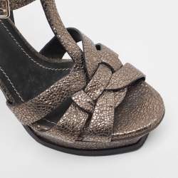 Pre Owned Saint Laurent Metallic Grey Laminated Suede Tribute Sandals Size 37