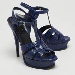 Saint Laurent Blue Lizard Embossed Tribute Sandals Size 37