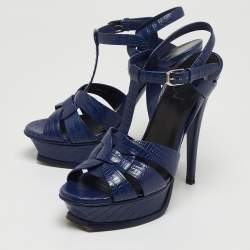 Saint Laurent Blue Lizard Embossed Tribute Sandals Size 37