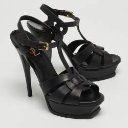 Pre Owned Saint Laurent Paris Black Leather Tribute Platform Ankle Strap Sandals Size 38.5