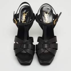 Pre Owned Saint Laurent Paris Black Leather Tribute Platform Ankle Strap Sandals Size 38.5