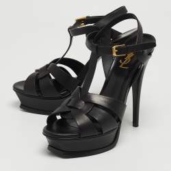 Pre Owned Saint Laurent Paris Black Leather Tribute Platform Ankle Strap Sandals Size 38.5