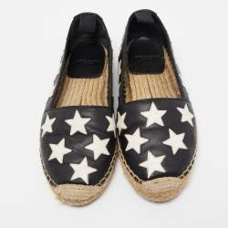 Pre Owned Saint Laurent Black/White Leather Star Embellished Espadrille Flats Size 36