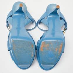 Pre Owned Saint Laurent Blue Patent Leather Tribute Ankle Strap Sandals Size 38.5