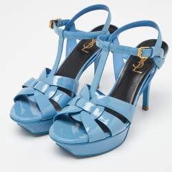 Pre Owned Saint Laurent Blue Patent Leather Tribute Ankle Strap Sandals Size 38.5