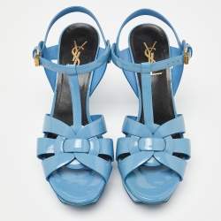 Pre Owned Saint Laurent Blue Patent Leather Tribute Ankle Strap Sandals Size 38.5
