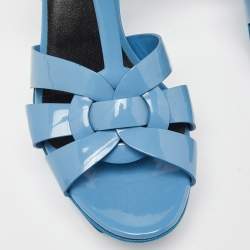 Pre Owned Saint Laurent Blue Patent Leather Tribute Ankle Strap Sandals Size 38.5