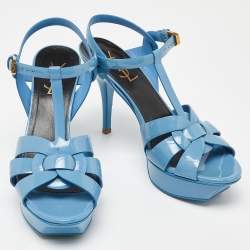 Pre Owned Saint Laurent Blue Patent Leather Tribute Ankle Strap Sandals Size 38.5