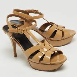 Saint Laurent Beige Patent Leather Tribute Sandals Size 39.5