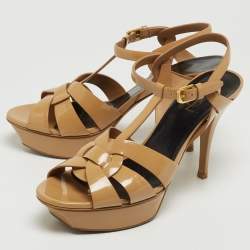 Saint Laurent Beige Patent Leather Tribute Sandals Size 39.5