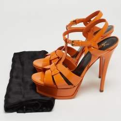 Pre Owned Saint Laurent Orange Patent Leather Tribute Ankle Strap Sandals Size 37