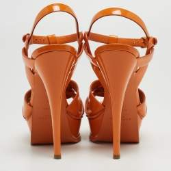 Pre Owned Saint Laurent Orange Patent Leather Tribute Ankle Strap Sandals Size 37