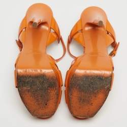 Pre Owned Saint Laurent Orange Patent Leather Tribute Ankle Strap Sandals Size 37