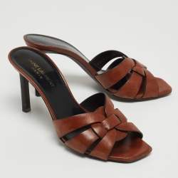 Saint Laurent Paris Brown Leather Tribute Open Slide Sandals Size 37
