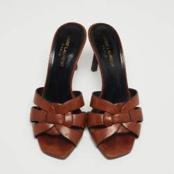 Saint Laurent Paris Brown Leather Tribute Open Slide Sandals Size 37