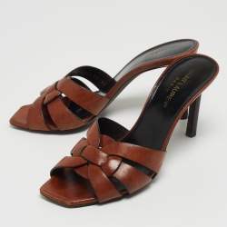 Saint Laurent Paris Brown Leather Tribute Open Slide Sandals Size 37