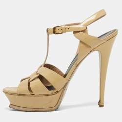 Saint Laurent Beige Patent Tribute Ankle Sandals Size 40.5