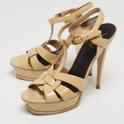 Saint Laurent Beige Patent Tribute Ankle Sandals Size 40.5