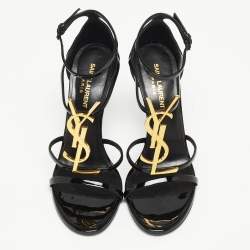 Pre Owned Saint Laurent Black Patent Leather Cassandra Ankle Strap Sandals Size 38.5