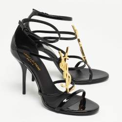 Pre Owned Saint Laurent Black Patent Leather Cassandra Ankle Strap Sandals Size 38.5