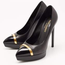Pre Owned Saint Laurent Black Leather Cap Toe Platform Pumps Size 37