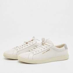 Pre Owned Saint Laurent Silver/White Leather and Glitter Andy Sneakers Size 40