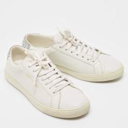 Pre Owned Saint Laurent Silver/White Leather and Glitter Andy Sneakers Size 40
