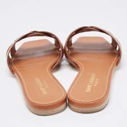 Pre Owned Saint Laurent Brown Leather Tribute Flat Slides Size 37.5