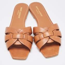Pre Owned Saint Laurent Brown Leather Tribute Flat Slides Size 37.5